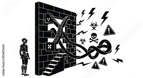 Black and white illustration of a person standing in front of a brick wall with a snake and warning symbols, representing danger and risk concept