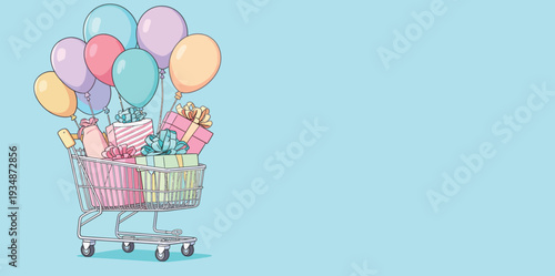 A shopping cart holds wrapped gifts and balloons in various colors, ready for a party or celebration event.