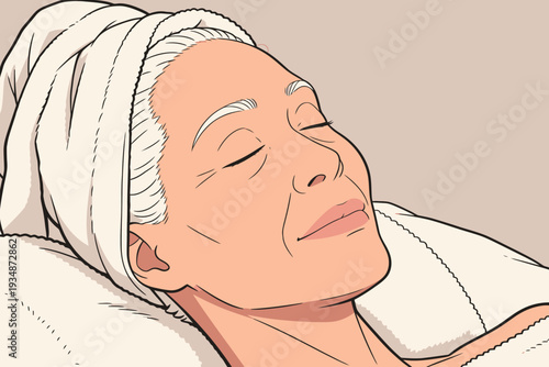 A woman lays back with her eyes closed. She enjoys a skin treatment while wrapped in a towel. A soft light fills the room.