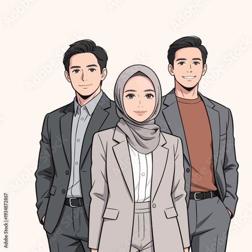 Three individuals stand together in formal clothing. The group includes two men and one woman. They appear ready for a business meeting.