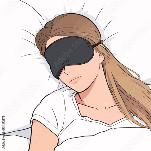 A woman is lying on her back in bed wearing a sleep mask. She has long hair and is resting on soft pillows.