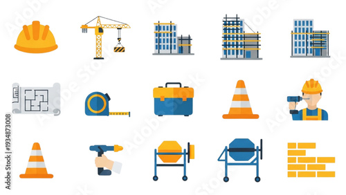 Building construction icon pack for architecture and engineering, vector set with construction symbols and building tools