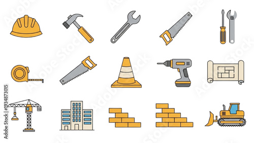 Building construction icon pack for architecture and engineering, vector set with construction symbols and building tools
