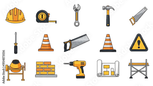 Building construction icon pack for architecture and engineering, vector set with construction symbols and building tools