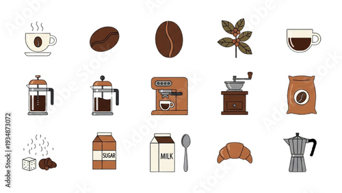 Coffee icon set for cafe, beverage and drink shop, vector illustration with espresso and coffee house symbols