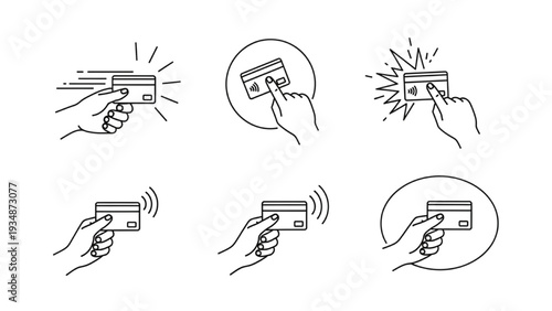 Contactless payment icons with credit card and hand tap pay wave, vector wireless NFC and contactless pay pass symbols set