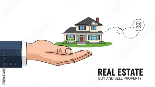 Hand handing over a house front view vector illustration, real estate business concept for buy and sell property transactions