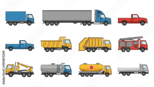 Truck icon set for delivery, transportation and logistics, vector illustration with various commercial vehicle symbols