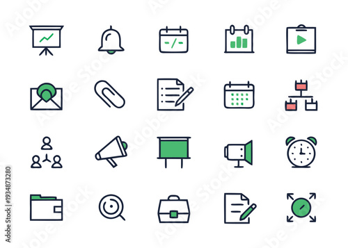 Twenty seminar and event icons rendered in dark blue line art with mint green and peach accents are displayed on a plain white background.