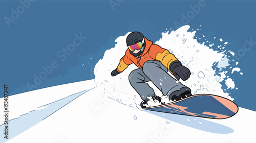 A snowboarder moves down a snowy slope on a bright day while snow flies up behind them. The scene shows winter sports action.