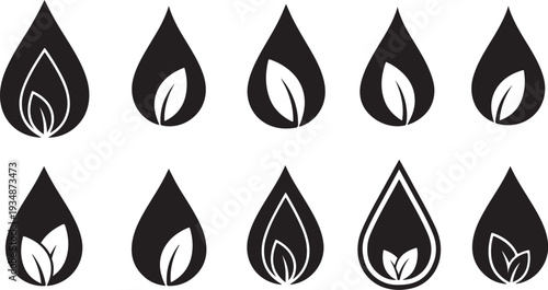 Black and white leaf drop icons on white background