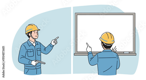 Construction Worker Presenting to Colleague on Whiteboard.
