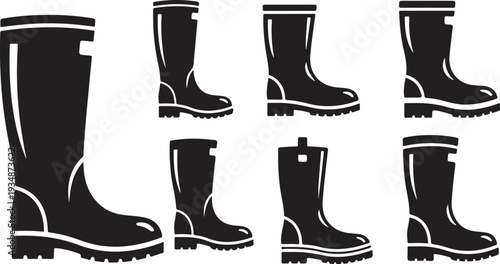 Collection of black rubber boots in various styles shown