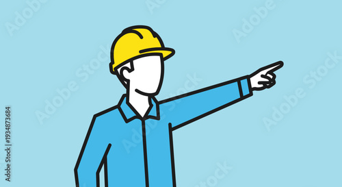 Construction Worker Wearing Yellow Hard Hat Pointing.