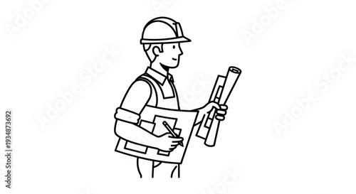 Engineer Holding Plans and Blueprint Document.