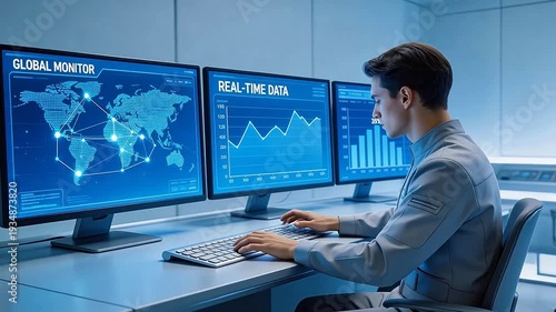 Tech operator monitoring global network and real-time data analytics on triple monitors in a futuristic control room — cybersecurity, AI, and big data visualization concept