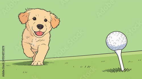 A young golden puppy runs excitedly towards a white golf ball on a sunny day in a grassy area.