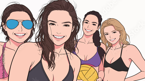 Four friends smile and pose together at the beach. They hold a volleyball and wear swimwear under the sun.
