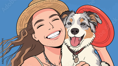 A woman smiles while holding her dog close. They enjoy a fun moment outdoors with a frisbee in hand.