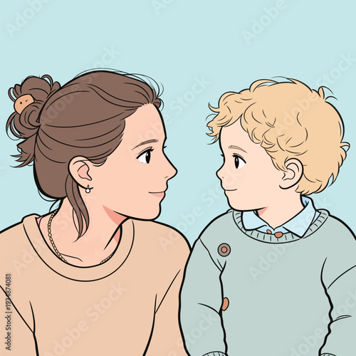 A mother and her young son are sitting close together, smiling and looking at each other with joy in a light space.