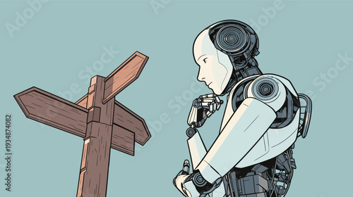 A robot stands next to a wooden signpost, deep in thought, in a simple background with a light blue color.