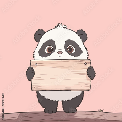 A panda stands on a brown surface and holds a wooden sign in front of its body while looking at the viewer. The background is pink.