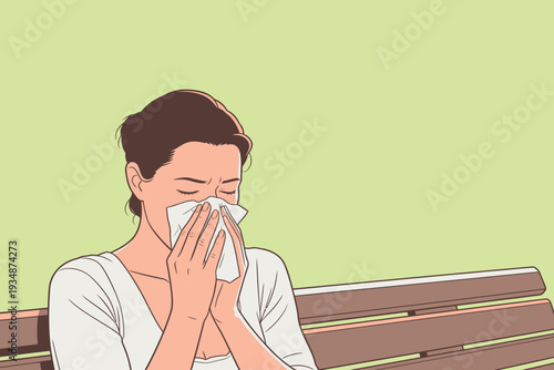 A woman is sitting on a bench with a tissue in her hands. She appears to be wiping her face. The setting looks simple and calm.