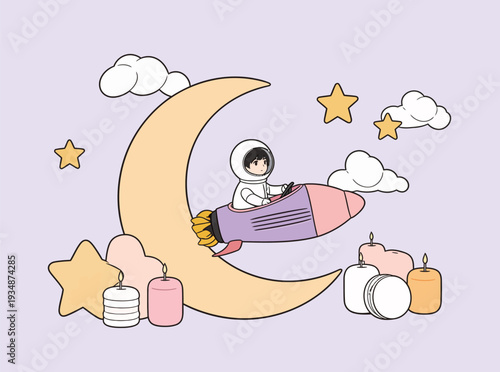 A child in a space suit rides a rocket next to a large moon with stars and clouds, creating a playful atmosphere.