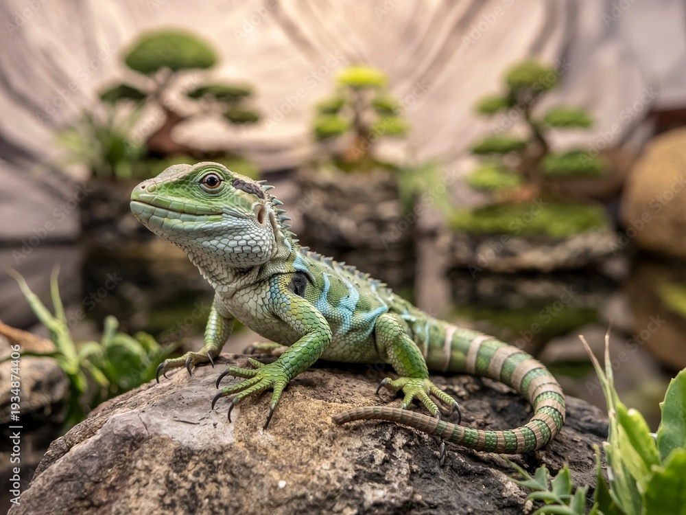 Fototapeta premium Curious green lizard sits on a rock in a small garden with plants and trees in a terrarium setting