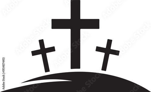Three crosses on a hill in black and white
