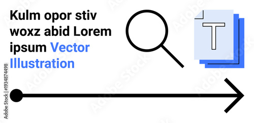 Search engines, navigation tools, research, document analysis, file organization, digital content. Includes magnifying glass, text pages and arrow pointing forward. Search and navigation concepts