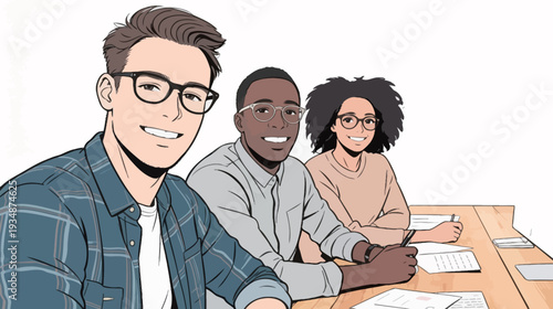 Three students are sitting at a table with papers and pens, engaging in a study session in a well-lit room.