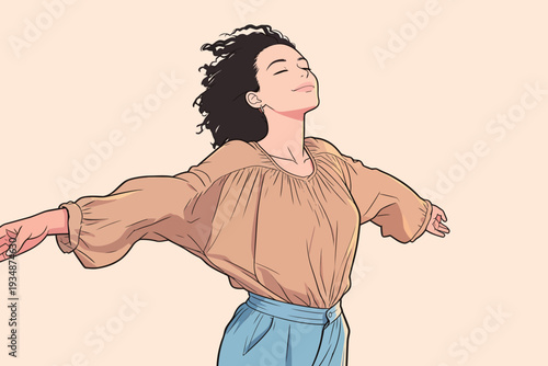 A woman stands with her arms extended and eyes closed, expressing joy in a simple and bright setting.