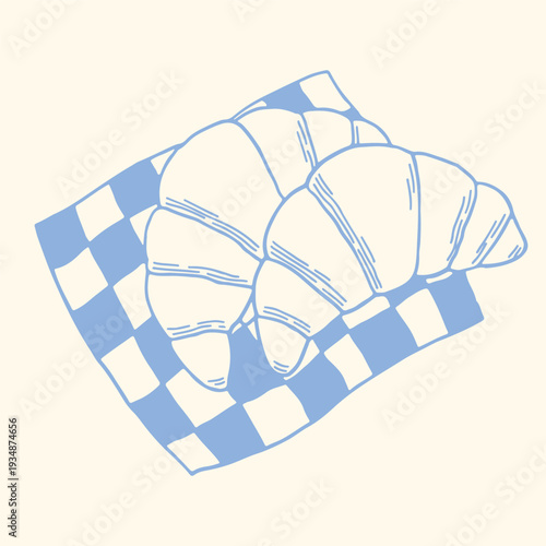French croissant on checkered cloth in modern blue outline style. Hand drawn bakery vector illustration for breakfast menu, cafe branding, pastry packaging and gourmet food design