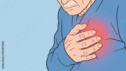 An elderly man holds his chest in discomfort, showing signs of pain. He wears a blue sweater and has a serious expression on his face.