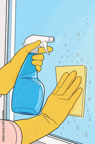 A person uses a spray bottle to clean a window with a cloth. Water droplets are visible on the glass.