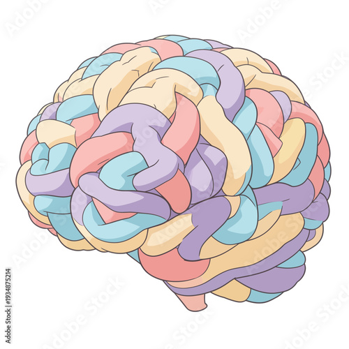 A brain design is made with colorful twists and turns. It shows various shades of blue, pink, yellow, and purple.