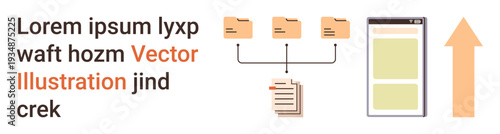 Data organization, digital storage, document sharing, workflow, file management, hierarchy. Icons of folders, connected lines document and arrow. Data organization and digital storage concept