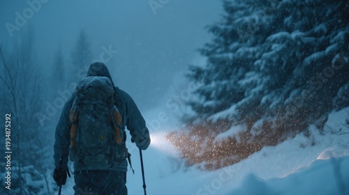 Hiker exploring snowy forest at night