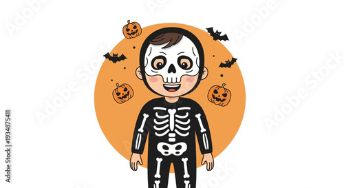 Cartoon Boy in Skeleton Costume for Halloween.