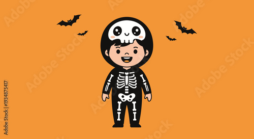 Cartoon Child Dressed as Skeleton for Halloween.