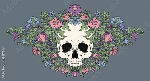 Colorful Skull Surrounded by Floral Embellishments.