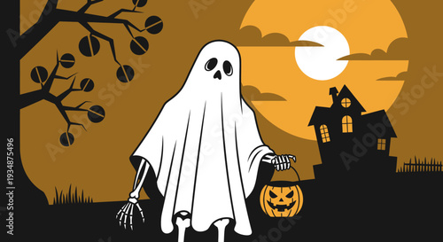 Ghost Character with Pumpkin on Halloween Night.