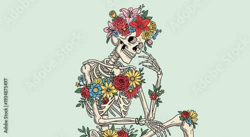 Floral Skeleton Illustration with Vibrant Flowers.
