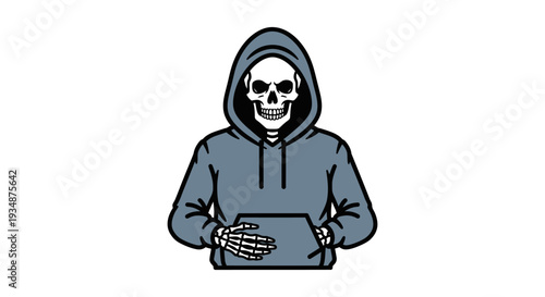 Skeleton in Hoodie Using Laptop Computer.