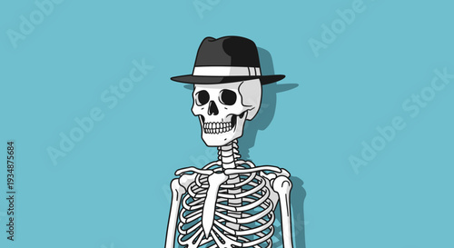 Skeleton Wearing Black Hat Illustration.