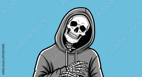 Skeleton Wearing Gray Hoodie Sweatshirt Illustration.