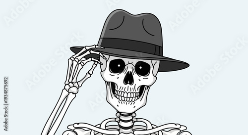 Skeleton Wearing Hat and Touching Brim.