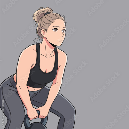 A woman with a bun exercises with a kettlebell in a gym. She focuses on her workout routine as the day ends.