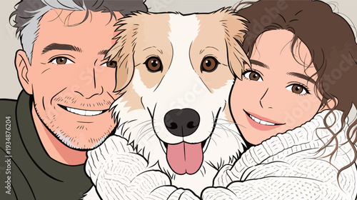 A man and woman smile as they pose with their dog indoors. The dog sits happily between them. The scene shows warmth and joy.